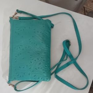 Geniun leather made in itialy teal crossbody 3 pocket zip fold pressed leather